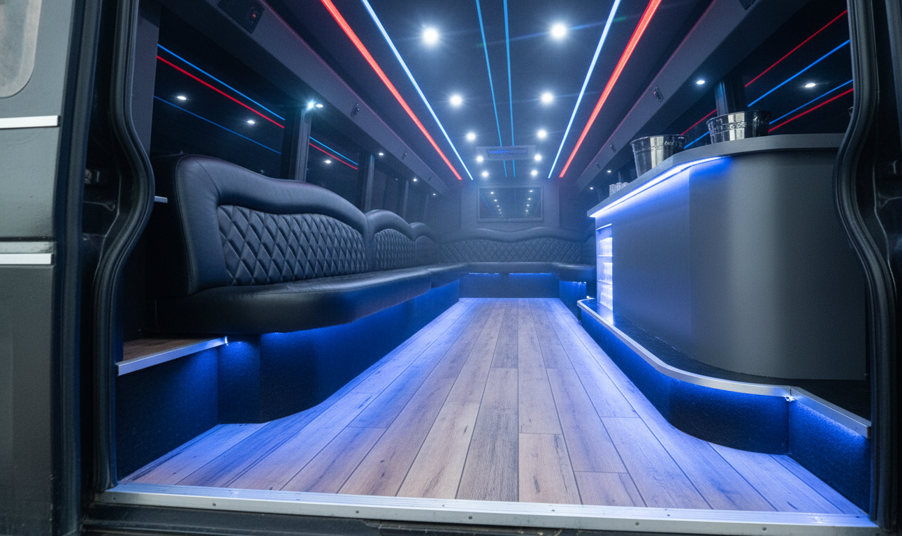 35-passenger VIP party bus with LED floor, mirrored ceiling, and built-in bar