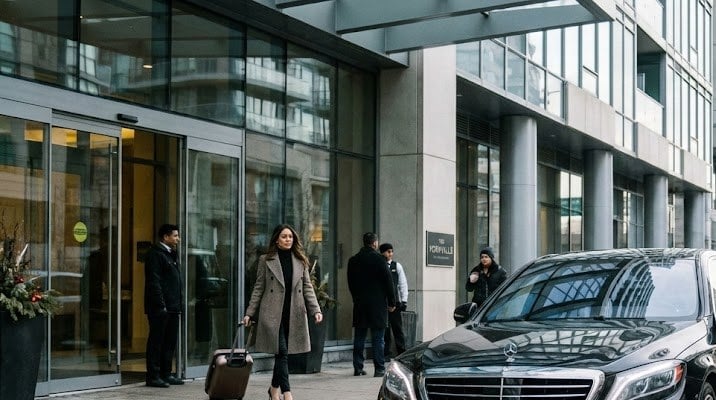Chauffeur reviewing Leafs playoff itinerary beside black sedan at Toronto condo tower
