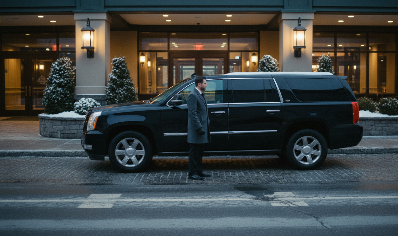 Black Cadillac Escalade ESV at Casino de Mont-Tremblant valet, evening pickup