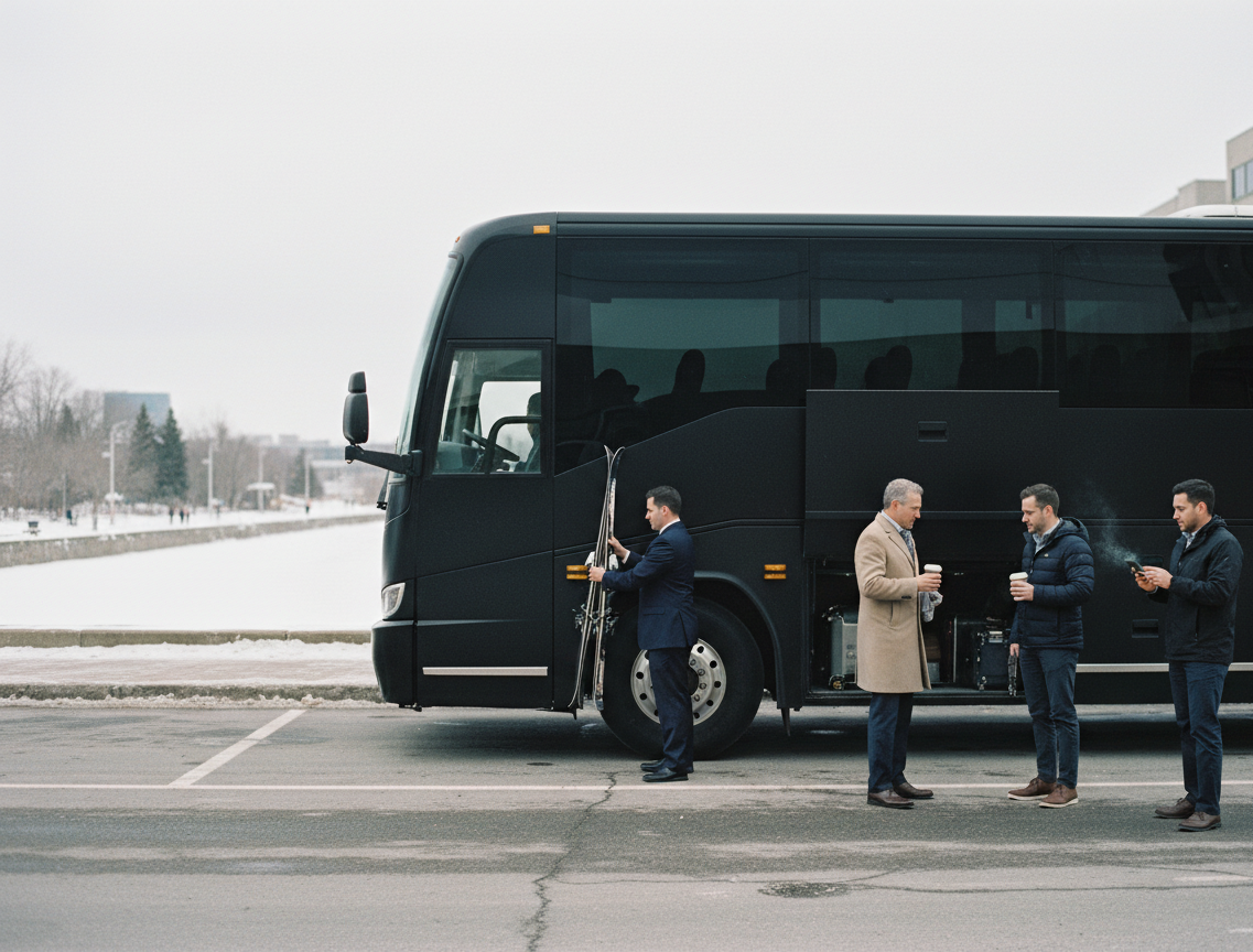 Sprinter vs Charter Bus to Blue Mountain: How to Pick 3 Black 56-seat charter coach on a snowy lot, chauffeur loading skis into the under-floor bay as passengers wait
