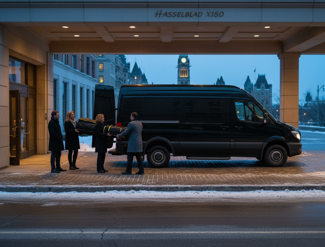 Black Mercedes-Benz Sprinter at Fairmont Chateau Laurier Ottawa, ski group pickup