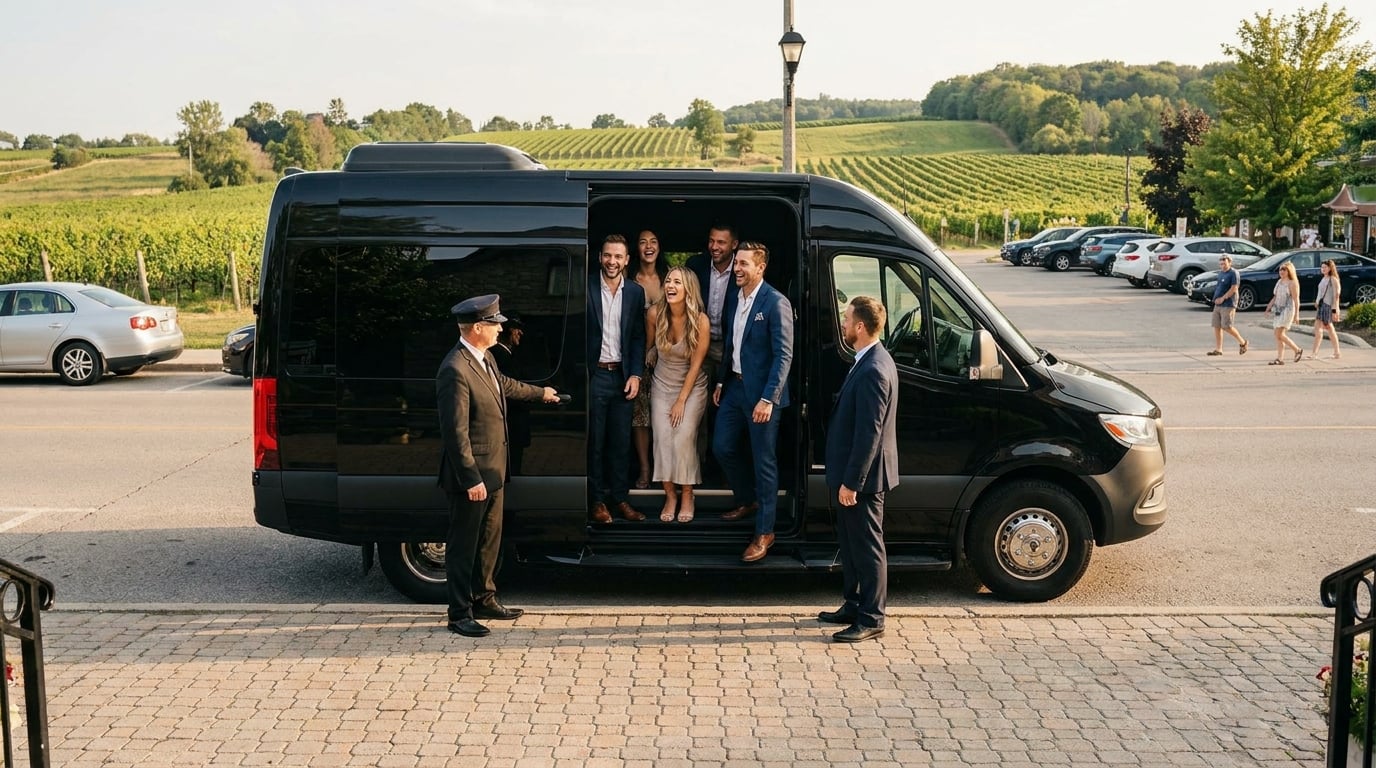Group of friends boarding a black Mercedes Sprinter at a Niagara vineyard