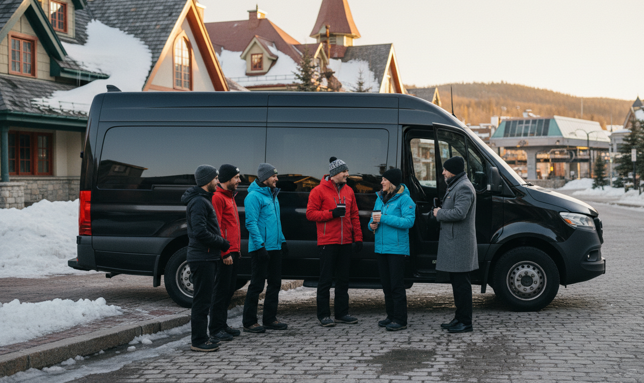 Black Mercedes-Benz Sprinter at Mont Tremblant pedestrian village base, ski group arrival, late February afternoon