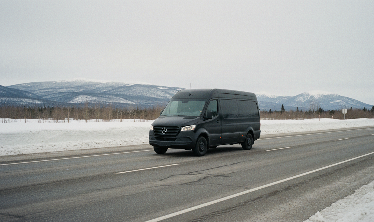 Black Mercedes-Benz Sprinter on Autoroute 50 approaching Mont Tremblant in winter