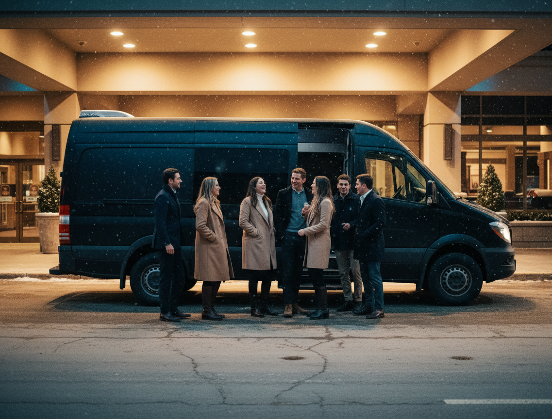 Black Mercedes-Benz Sprinter van at a hotel portico near Casino de Mont-Tremblant, group boarding at night after dinner