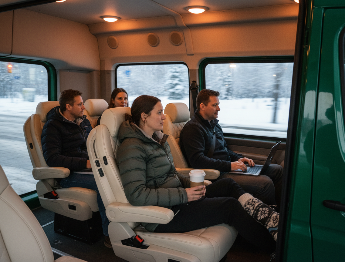Mercedes-Benz Sprinter premium leather cabin interior with passengers en route to Mont Tremblant