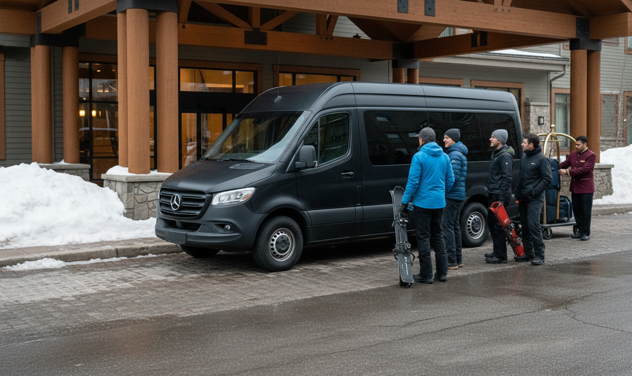 Black Mercedes-Benz Sprinter at Marriott Residence Inn Mont Tremblant portico