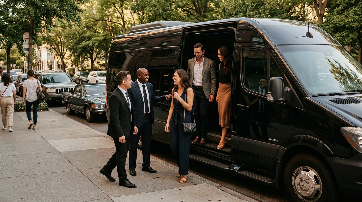 Group of friends boarding a black Sprinter van on a Niagara-on-the-Lake street with vineyards behind