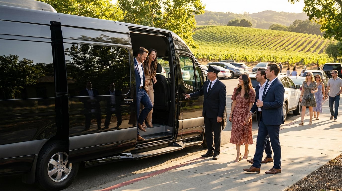 Black Sprinter van parked among rolling vineyard hills with guests boarding