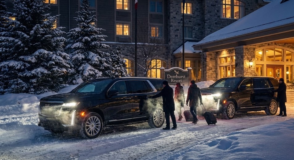 Two black Cadillac Escalades at Deerhurst Resort Muskoka on a winter arrival