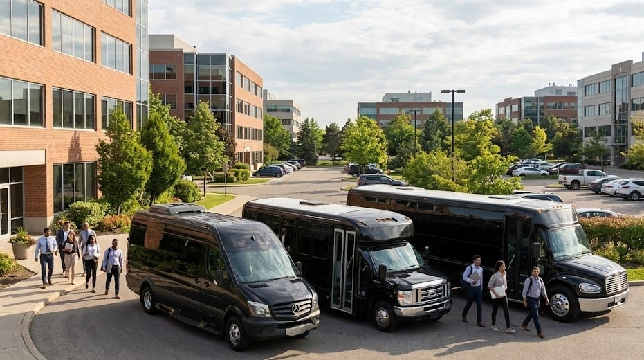 Black Sprinter, shuttle bus and mini-coach lined up, the Toronto to Muskoka fleet range