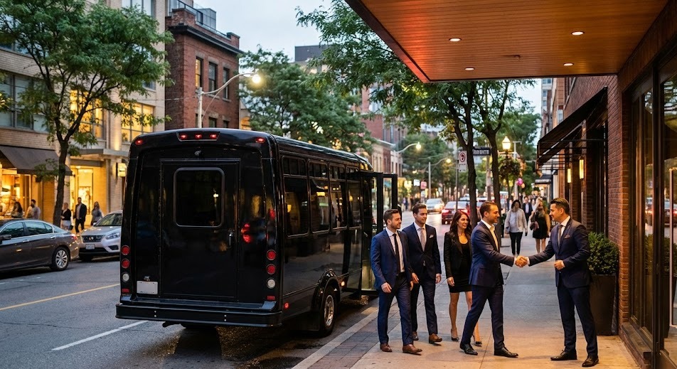 Black mini-coach group arrival at an upscale Vaughan event venue