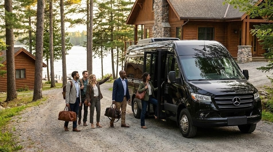 Black Sprinter at a Muskoka lakeside lodge as a group unloads weekend bags