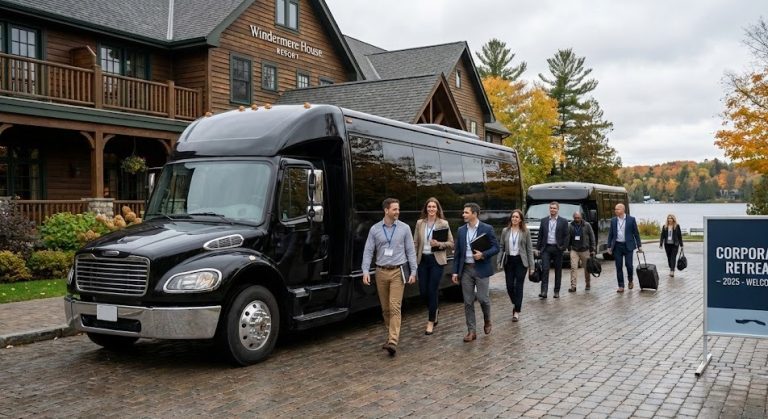 Black 27-passenger mini coach at a lakeside resort entrance with a corporate group and rolling bags