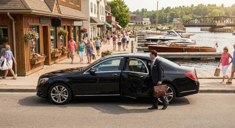 Chauffeur with a briefcase at the rear door of a black sedan at a main-street kerb