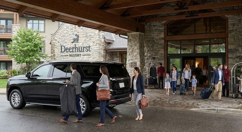 Black Cadillac Escalade at the Deerhurst Resort entrance, ready for a golf group transfer