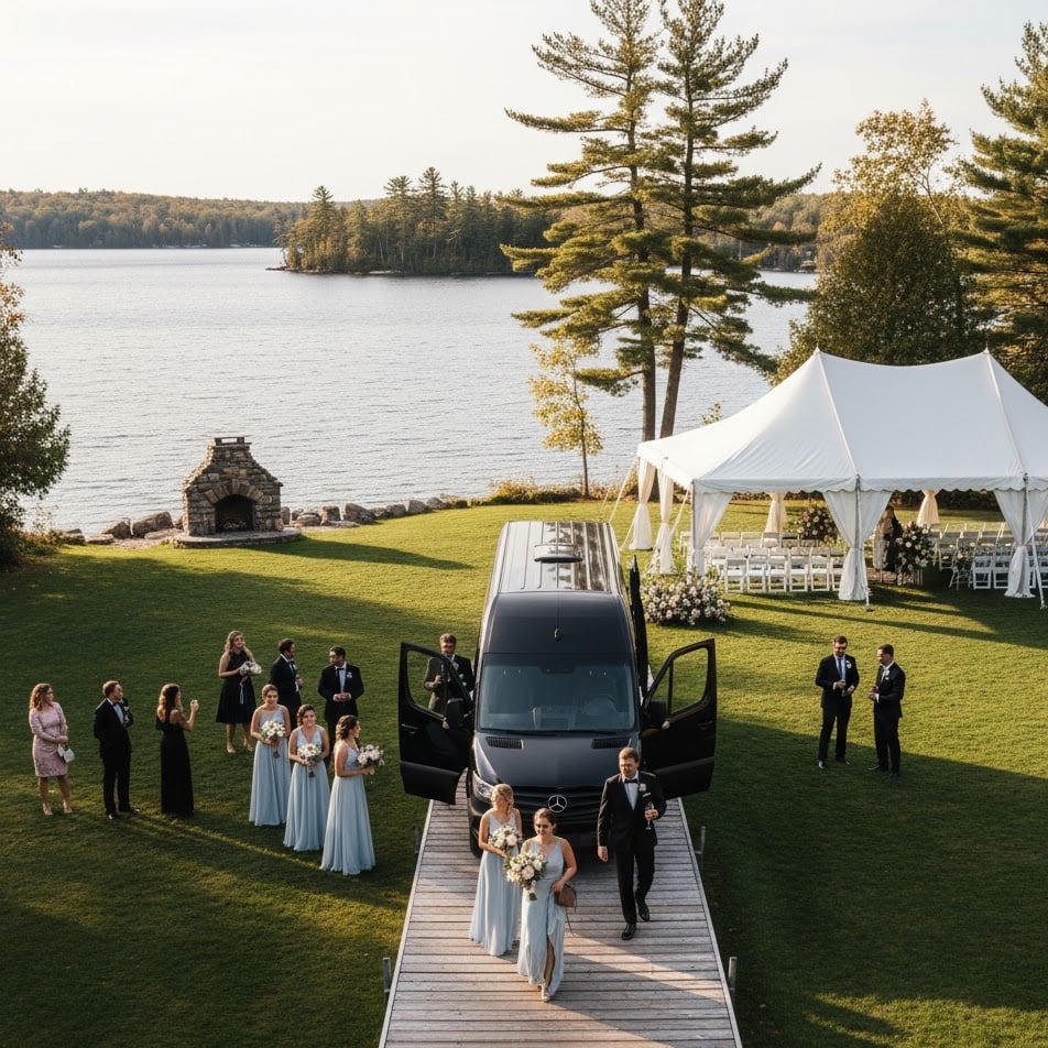 Black Mercedes Sprinter and bridal party at a lakeside Muskoka wedding, ceremony tent by the water