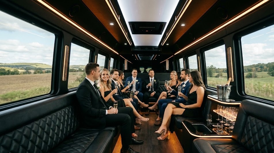 Wedding party toasting inside a black Sprinter limousine to a Vaughan venue
