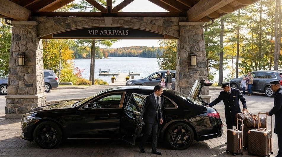 Black executive Sprinter parked at a Muskoka clubhouse for a two-foursome golf group
