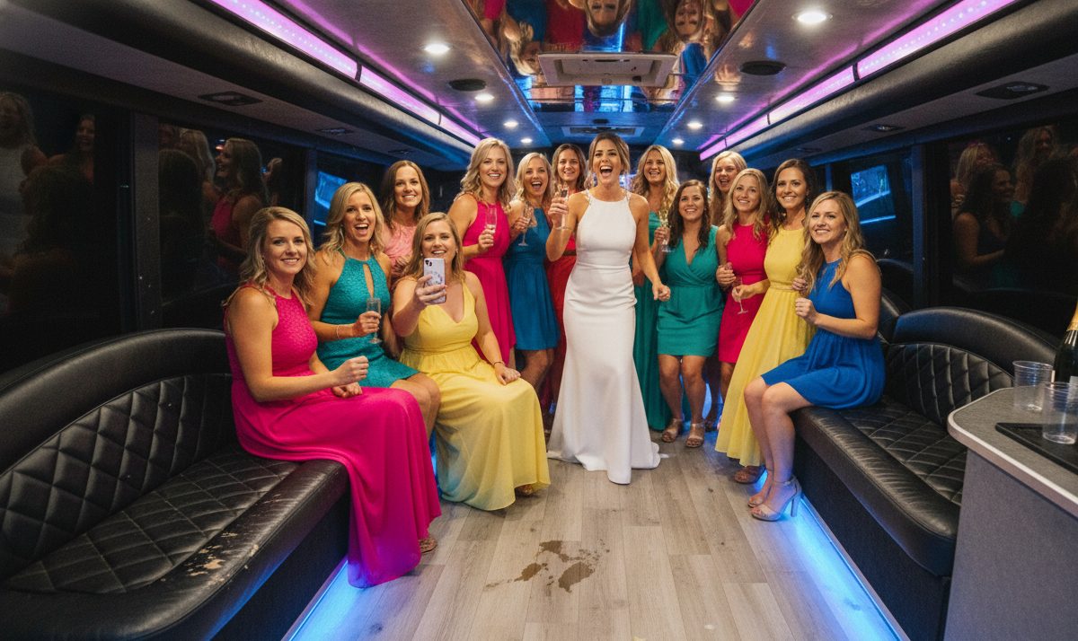 Group boarding a black party bus for a night out in Toronto
