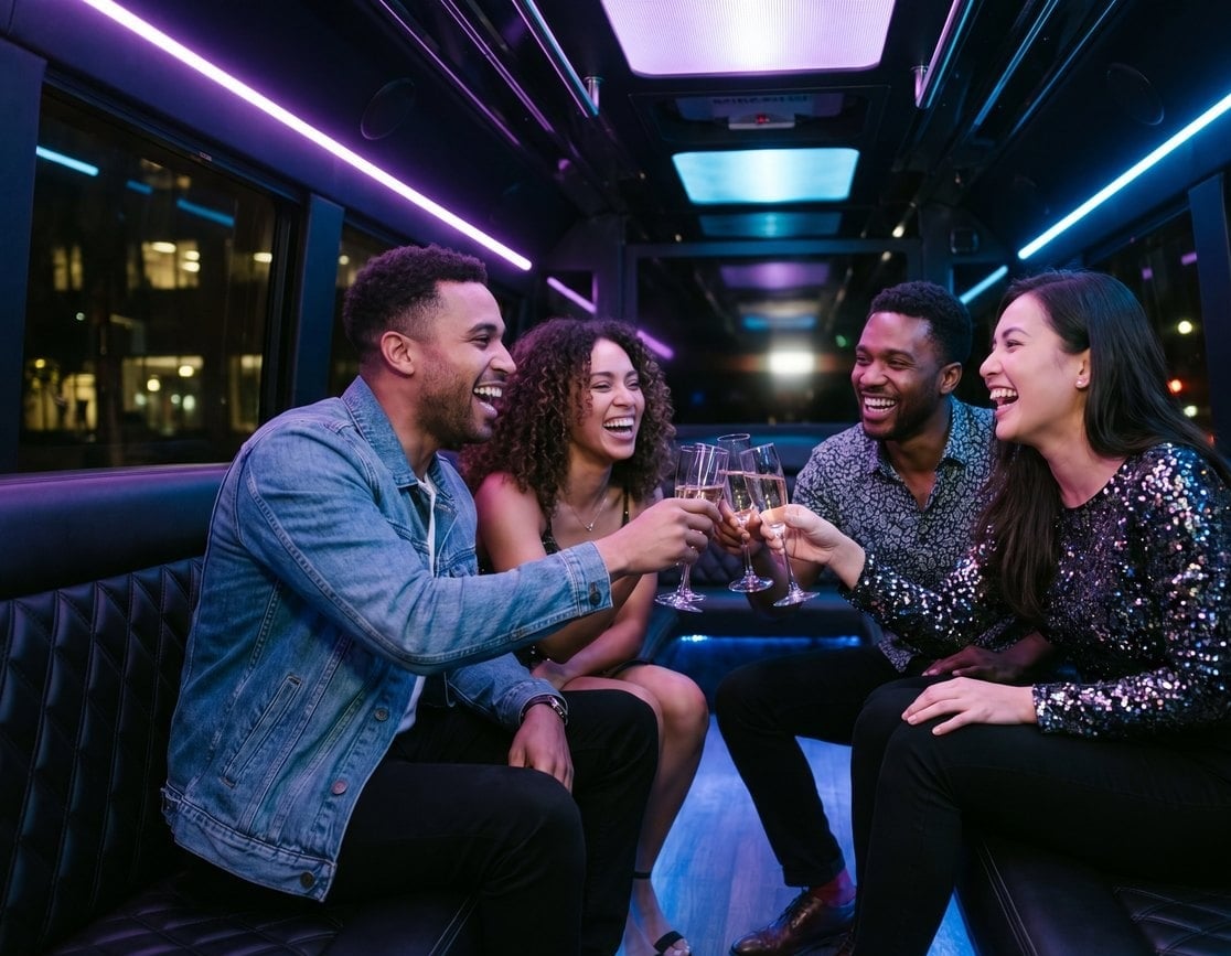 Friends toasting inside a black party bus with LED lounge lighting for a birthday