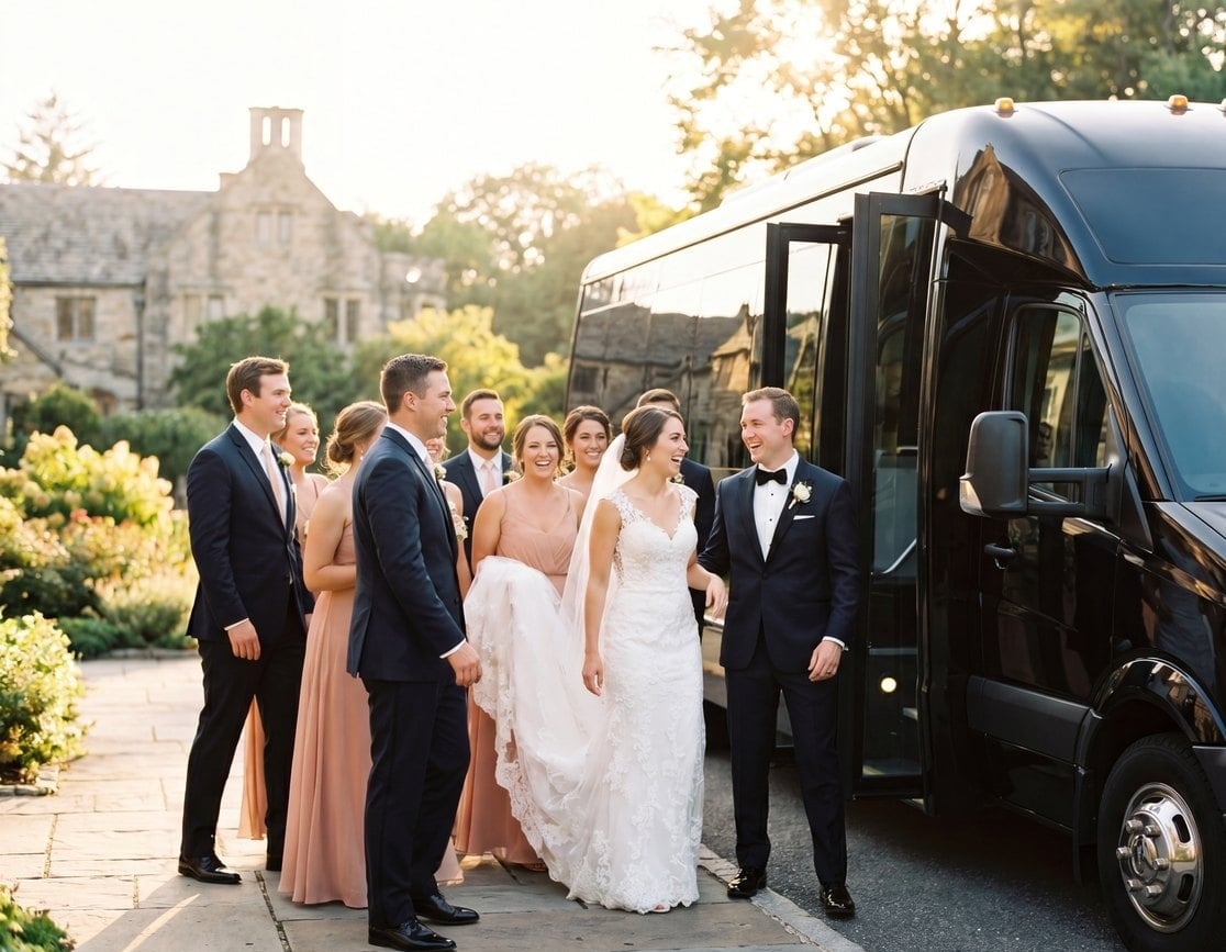 Black party bus at a Toronto venue at golden hour