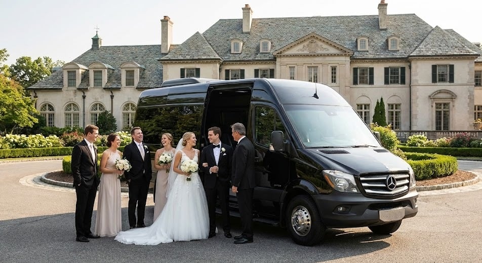 Black Sprinter and full bridal party outside a grand Vaughan estate wedding venue