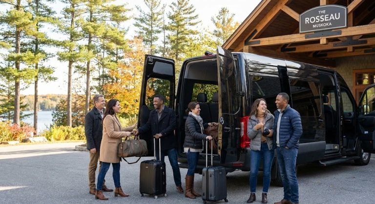 Black Mercedes Sprinter loading formally dressed guests at a resort entrance