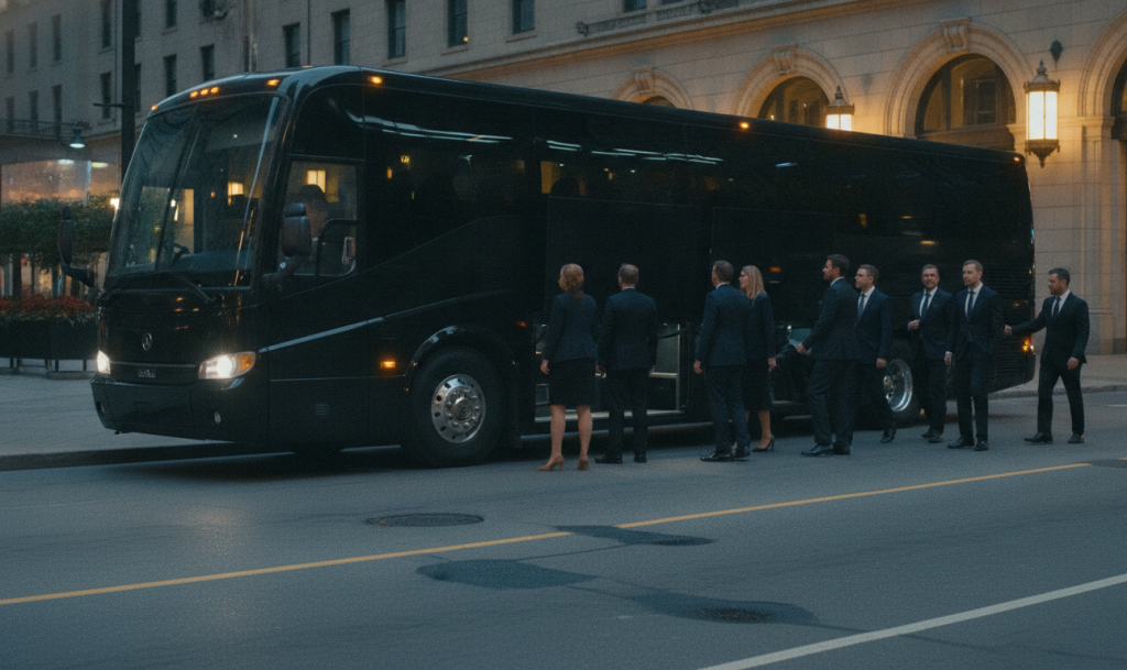 A black 2025 charter coach pulled fully to the Front Street kerb at the Fairmont Royal York entrance at night under warm
