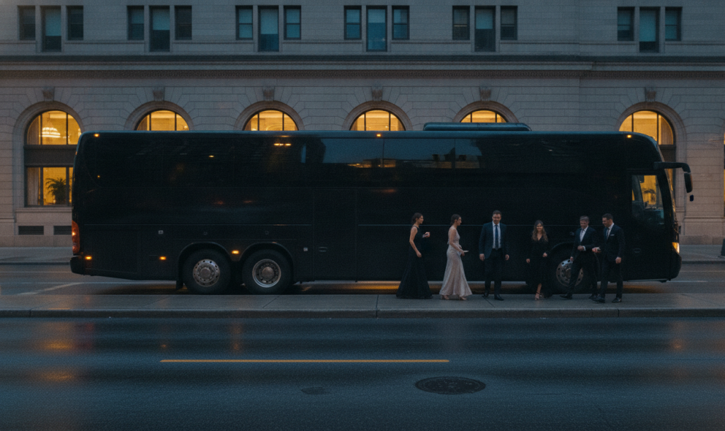 A black 2025 charter coach pulled fully to the kerb in the drop-off lane outside the Fairmont Royal York stone entrance