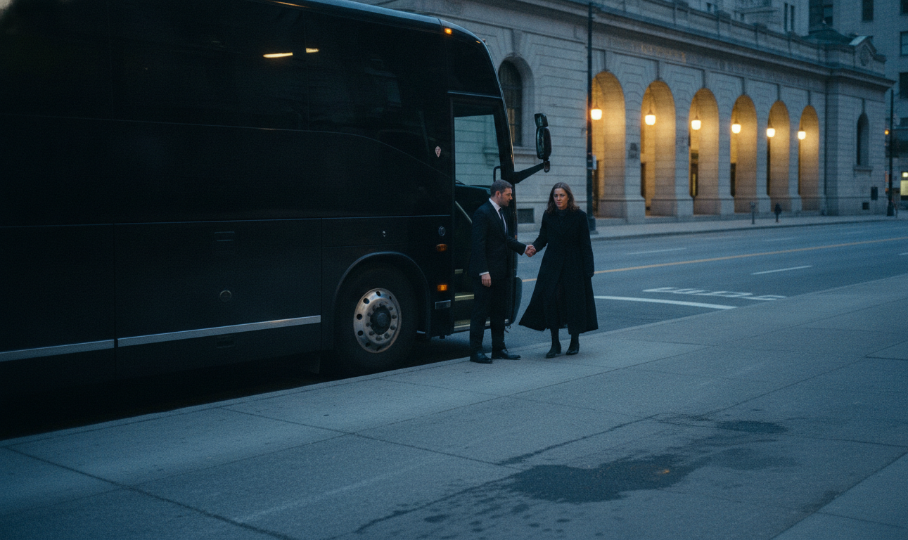 A black 2025 charter coach stopped fully at the 100 Front Street West kerb directly outside the Fairmont Royal York entr