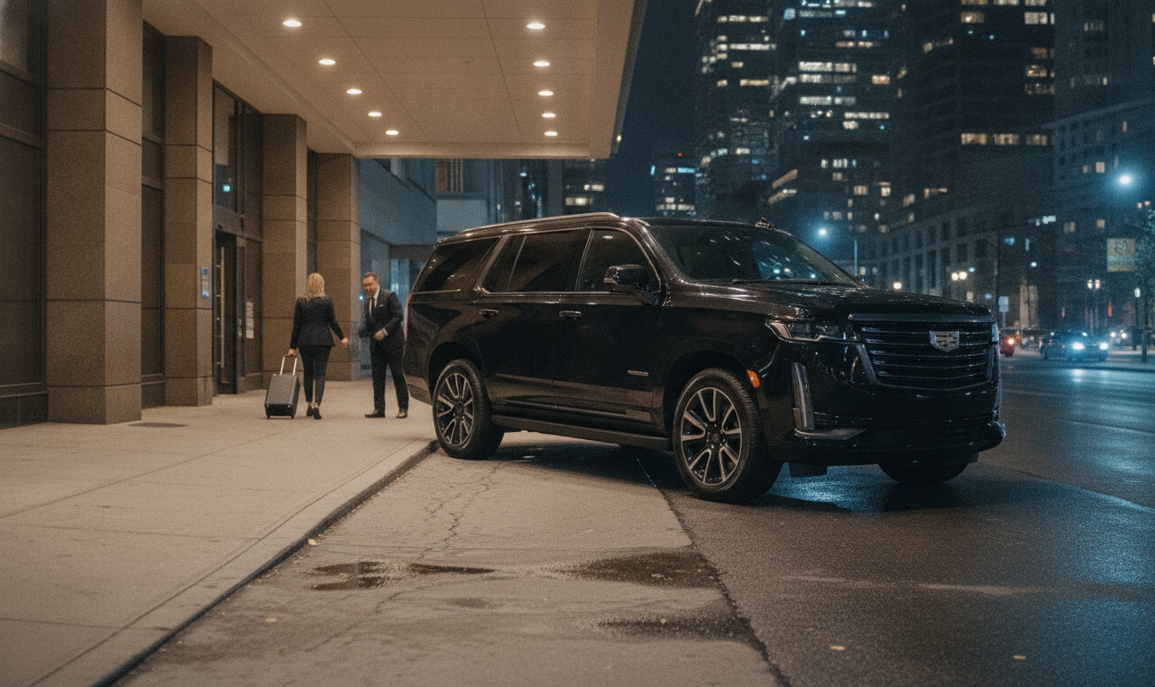 A black 2025 Cadillac Escalade ESV stopped at a downtown Toronto hotel curb at night, wheels at the kerb under warm entr