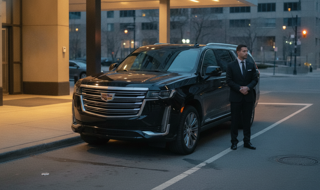 A black 2025 Cadillac Escalade ESV waiting at a downtown Toronto hotel kerb at dusk, a chauffeur in a dark suit standing