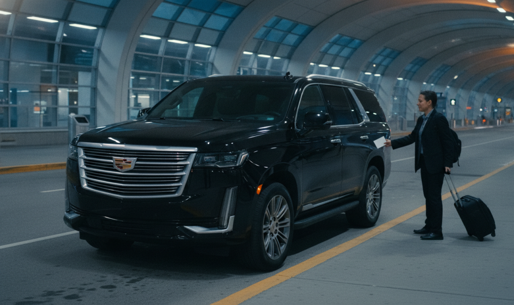A black Cadillac Escalade ESV waiting at the Toronto Pearson Terminal 1 arrivals pickup lane at blue hour as an arriving traveler with a rolling suitcase walks up to the vehicle