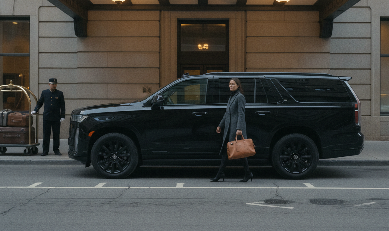 A black 2025 Cadillac Escalade ESV stopped at the kerb under the Fairmont Royal York portico at 100 Front Street West, T