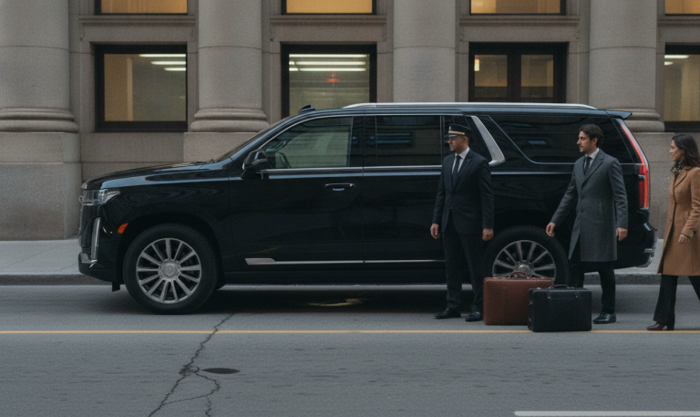 Black Cadillac Escalade ESV at a city kerb, chauffeur with two travellers and their cases