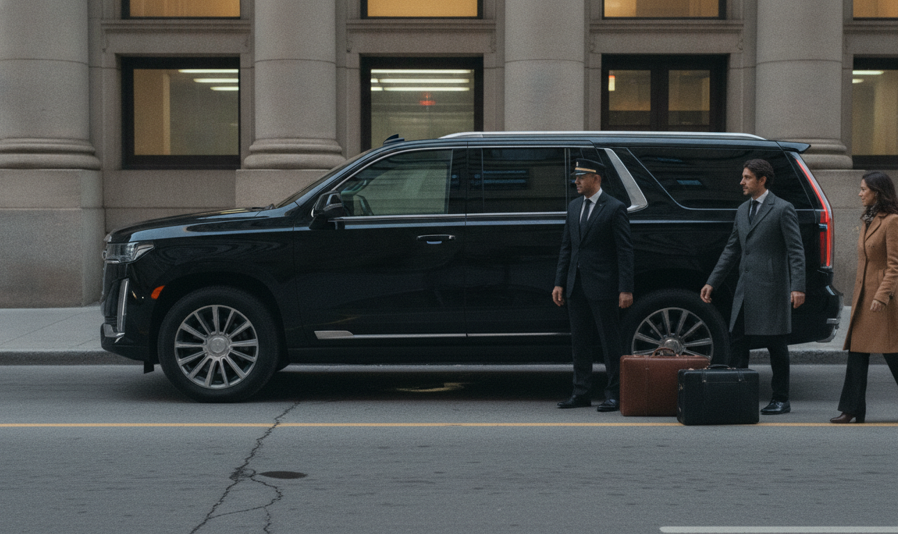 Black Cadillac Escalade ESV waiting kerbside outside an office building, chauffeur helping a visiting executive with luggage