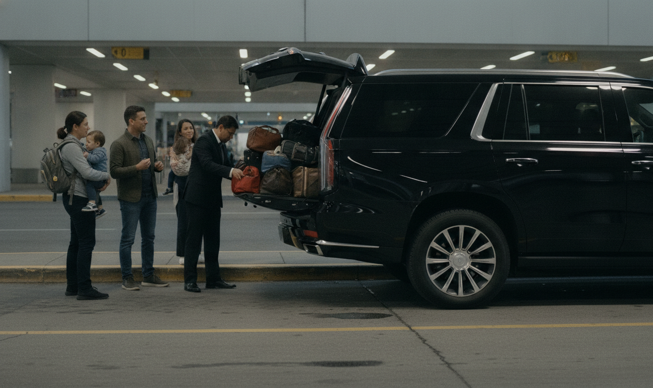 Is There a Flat Rate for the Pearson to Royal York Limo? 2 A black 2025 Cadillac Escalade ESV parked at the Toronto Pearson Terminal 1 pickup lane kerb, midday clear light. A fami