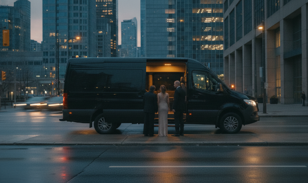 A black 2025 Mercedes-Benz Sprinter VIP pulled to the kerb on Front Street West below downtown Toronto towers at executi
