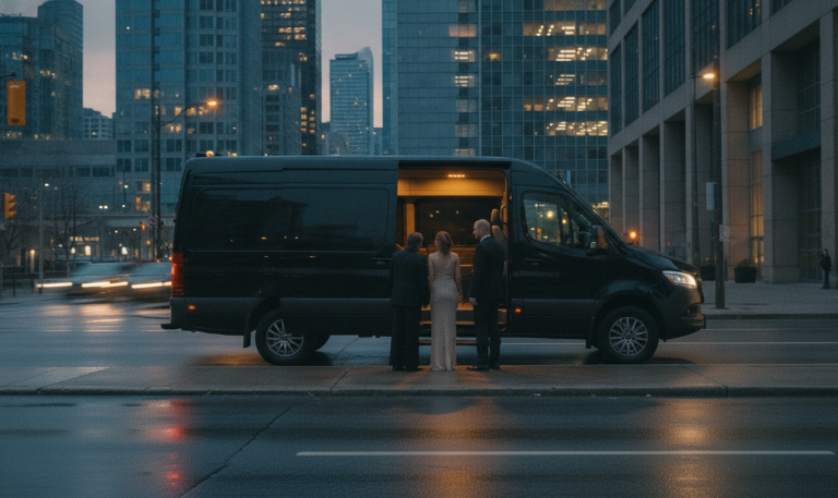 Black Jet Sprinter VIP at dusk with the side door open while a bride in a white gown and groom board