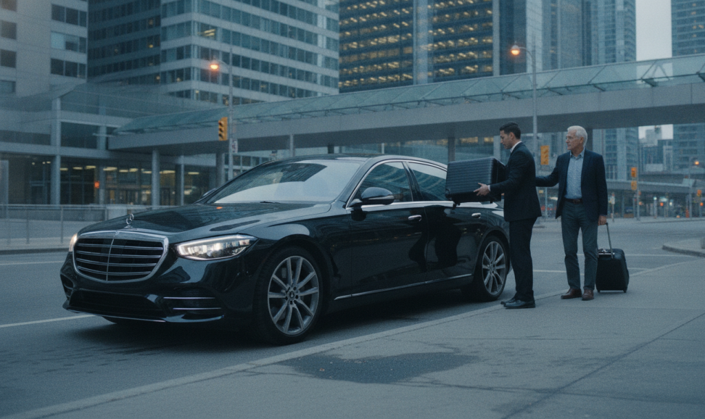A black 2025 Mercedes-Benz S-Class S580 at a downtown Toronto kerb near Union Station, boot open, a chauffeur lifting a