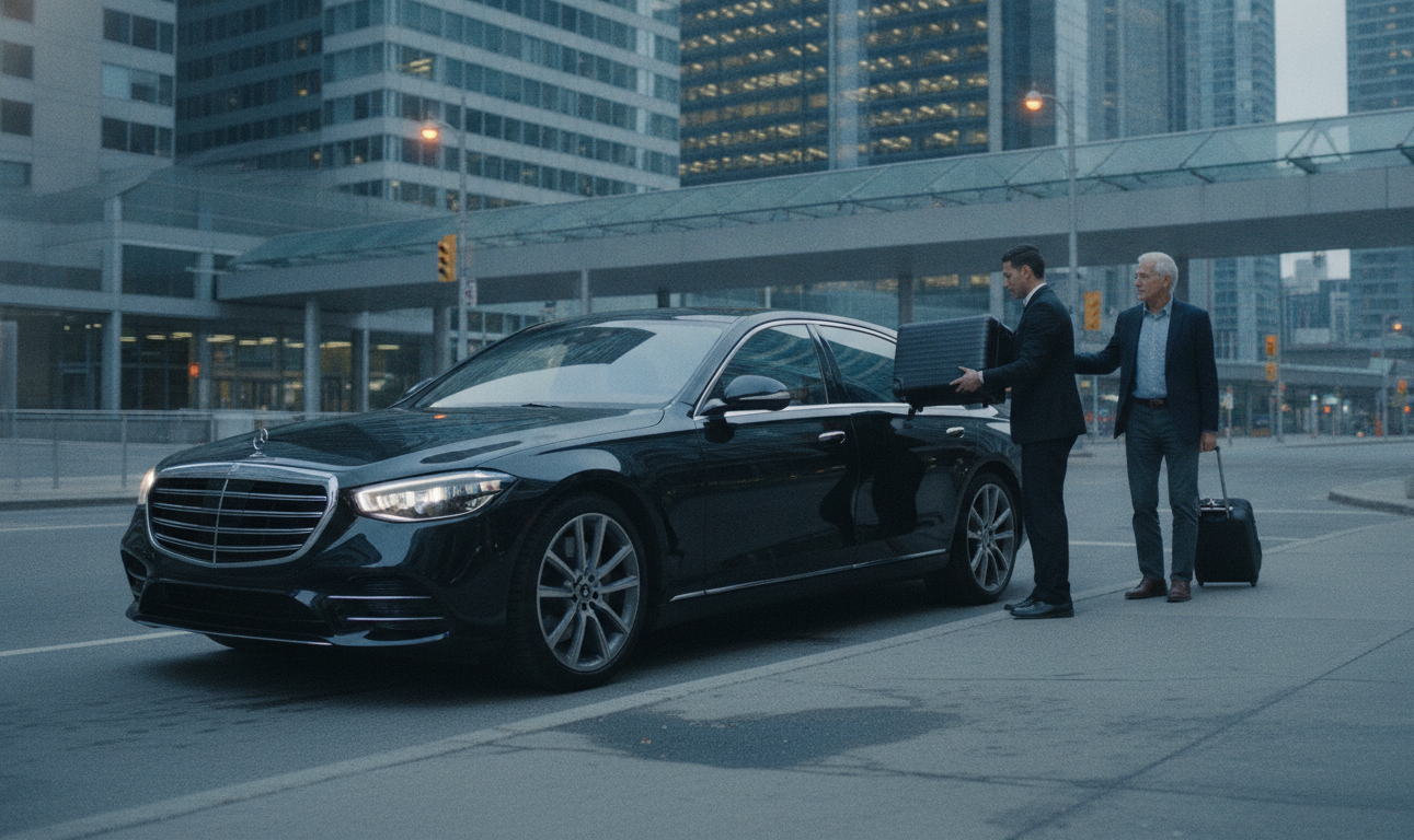 A black 2025 Mercedes-Benz S-Class S580 at a downtown Toronto kerb near Union Station, boot open, a chauffeur lifting a 