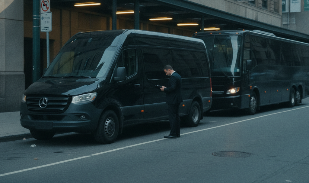 A black 2025 Mercedes-Benz Sprinter parked nose-to-tail behind a black charter coach, both pulled fully to the Front Str