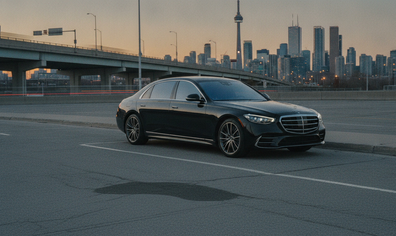A black 2025 Mercedes-Benz S-Class S580 pulled onto a legal Lake Shore Boulevard layby beside the Gardiner Expressway, s