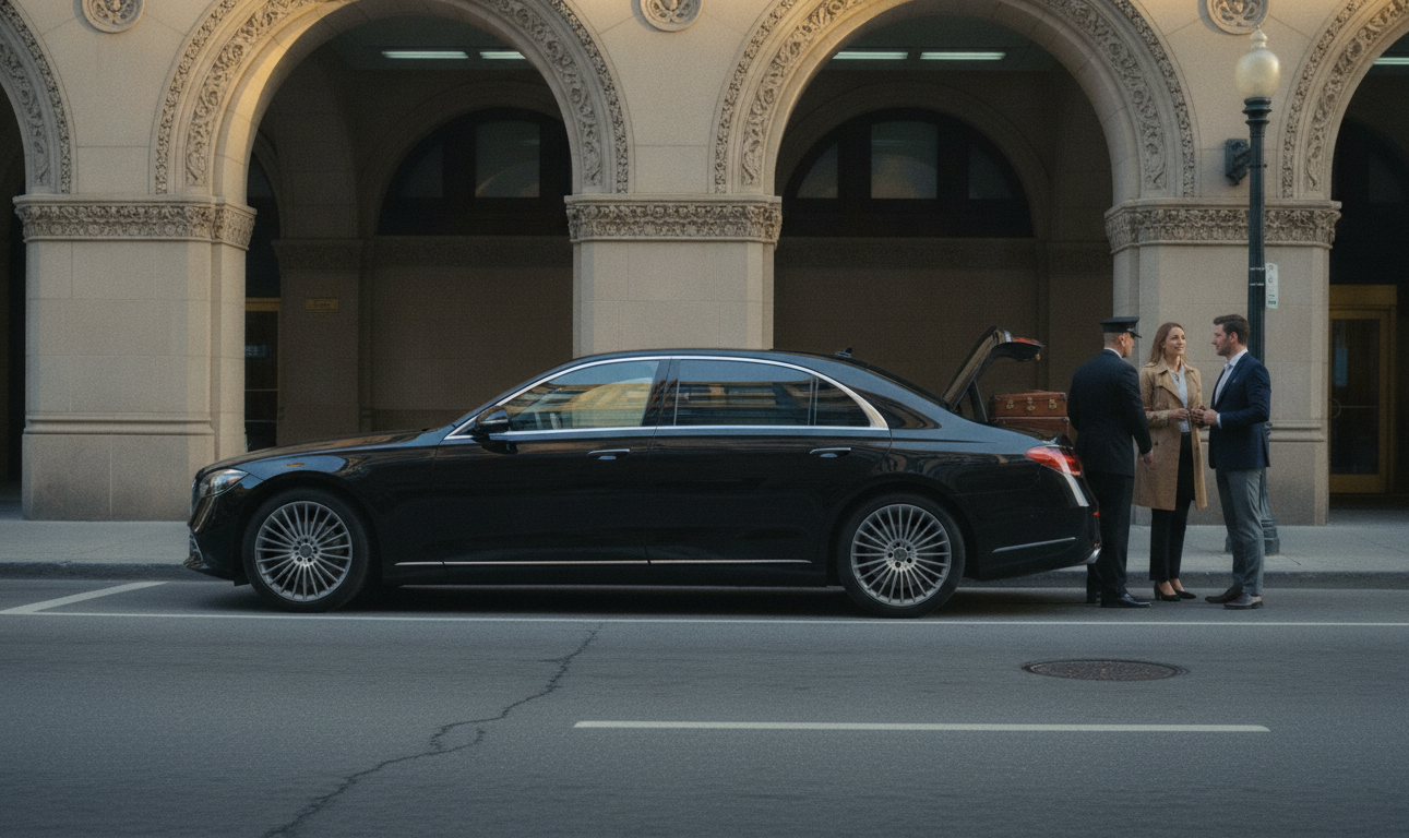 A black 2025 Mercedes-Benz S-Class S580 pulled to the Fairmont Royal York's east entrance kerb on Front Street, Toronto,