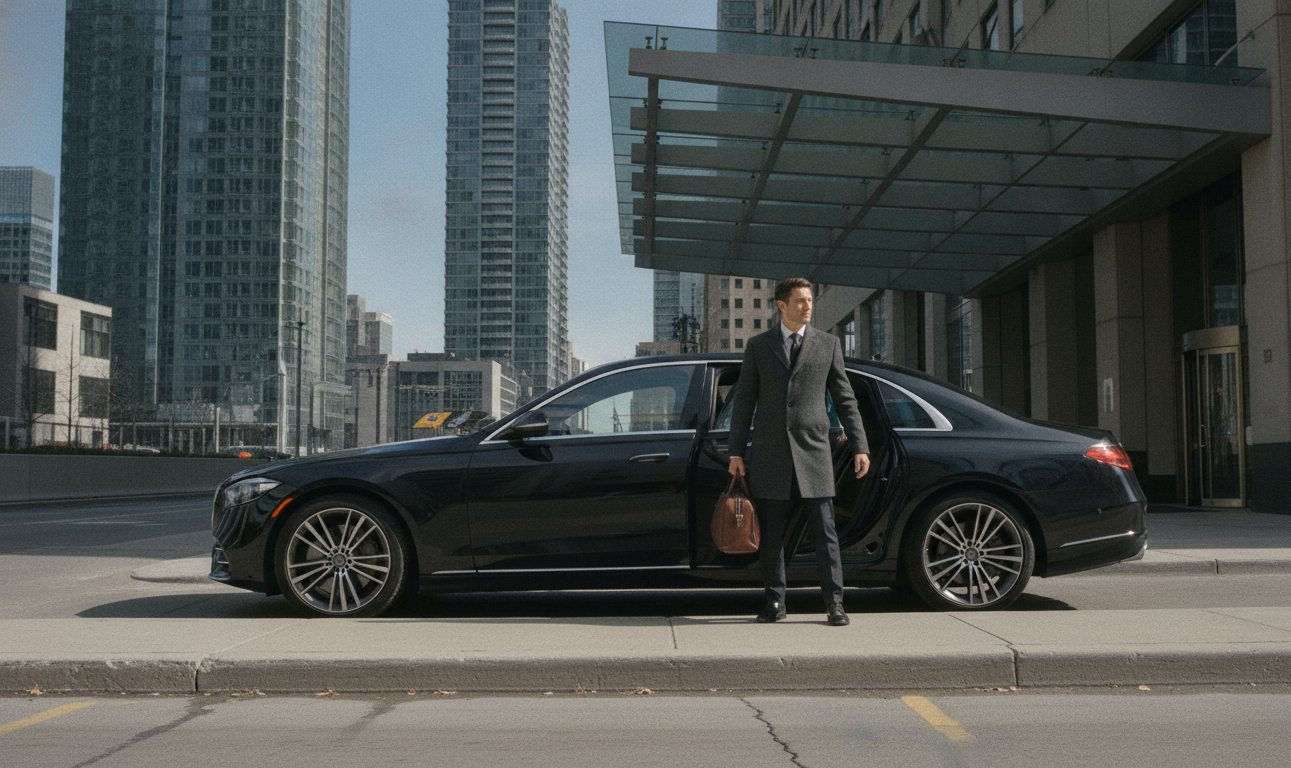 A black 2025 Mercedes-Benz S-Class sedan stopped at the Front Street hotel portico curb in Toronto's financial district,