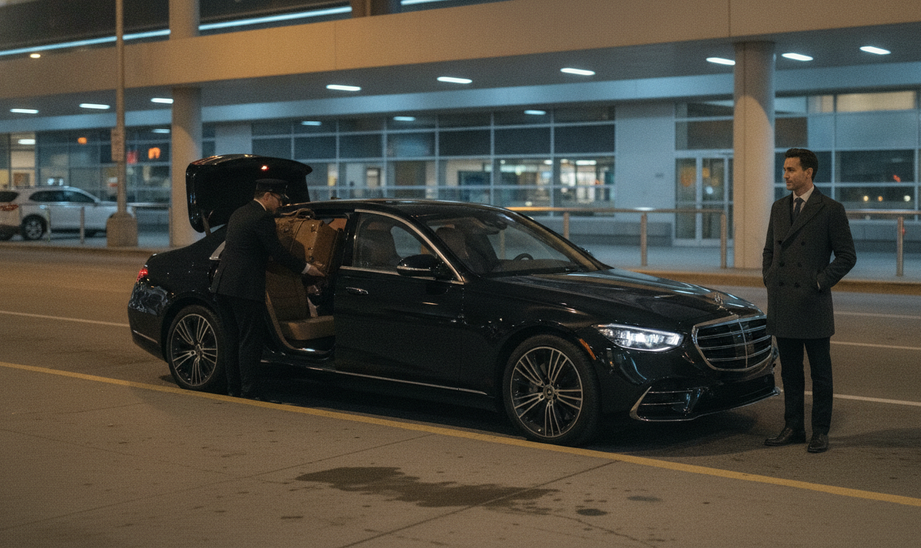 Is There a Flat Rate for the Pearson to Royal York Limo? 4 A black 2025 Mercedes-Benz S-Class S580 pulled fully to the Toronto Pearson arrivals kerb at blue hour. A chauffeur sets