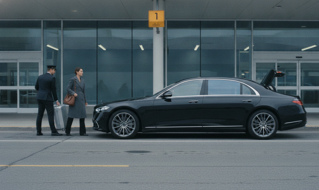 A black 2025 Mercedes-Benz S-Class S580 pulled to the marked departures drop-off lane outside Toronto Pearson Terminal 1