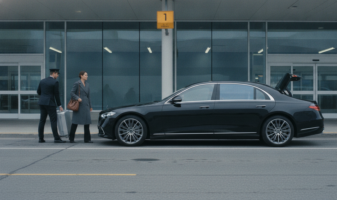 Is There a Flat Rate for the Pearson to Royal York Limo? 1 A black 2025 Mercedes-Benz S-Class S580 pulled to the marked departures drop-off lane outside Toronto Pearson Terminal 1