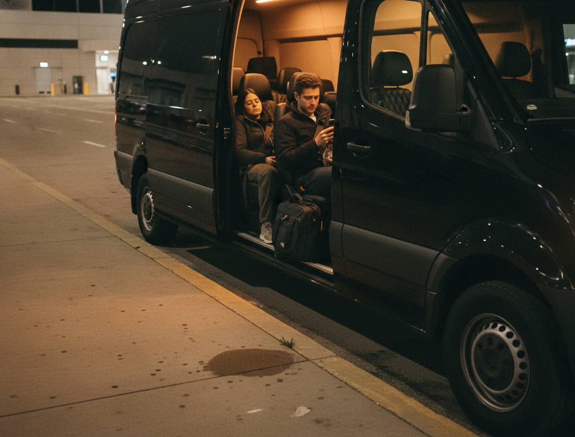 Inside the warm-lit cabin of a black 2025 Mercedes-Benz Sprinter on a pre-dawn run to Pearson, two passengers in travel 